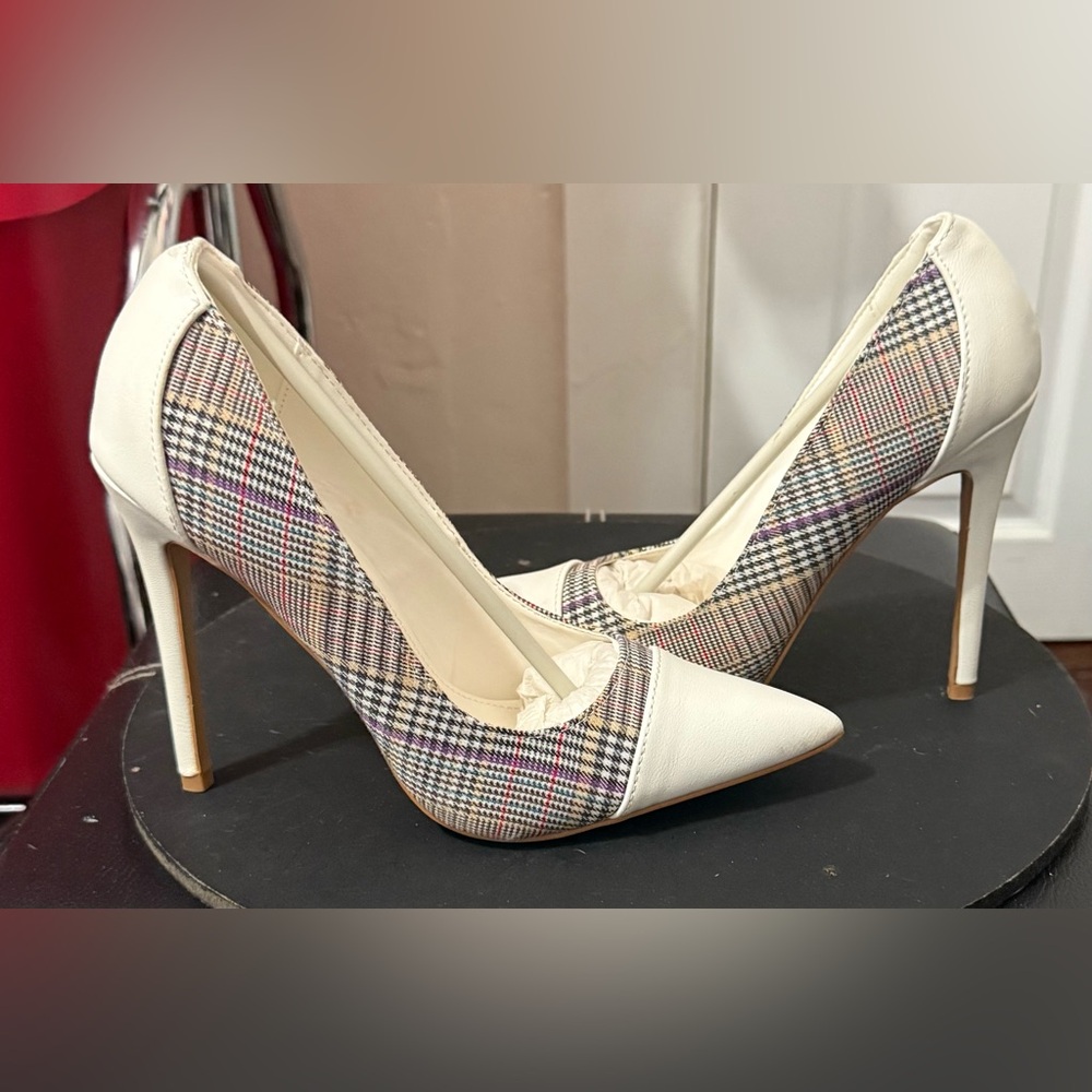 Shoe Republic LA Cream and Purple Plaid Stiletto Heels